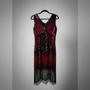 Amazon Burgundy & Black Sequin Fringe Midi Dress